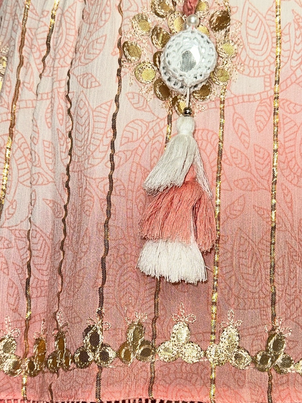 ZURY Boho Tassel Tie Pink Ombre Dress with Gold Trim (S) - Picture 8 of 8